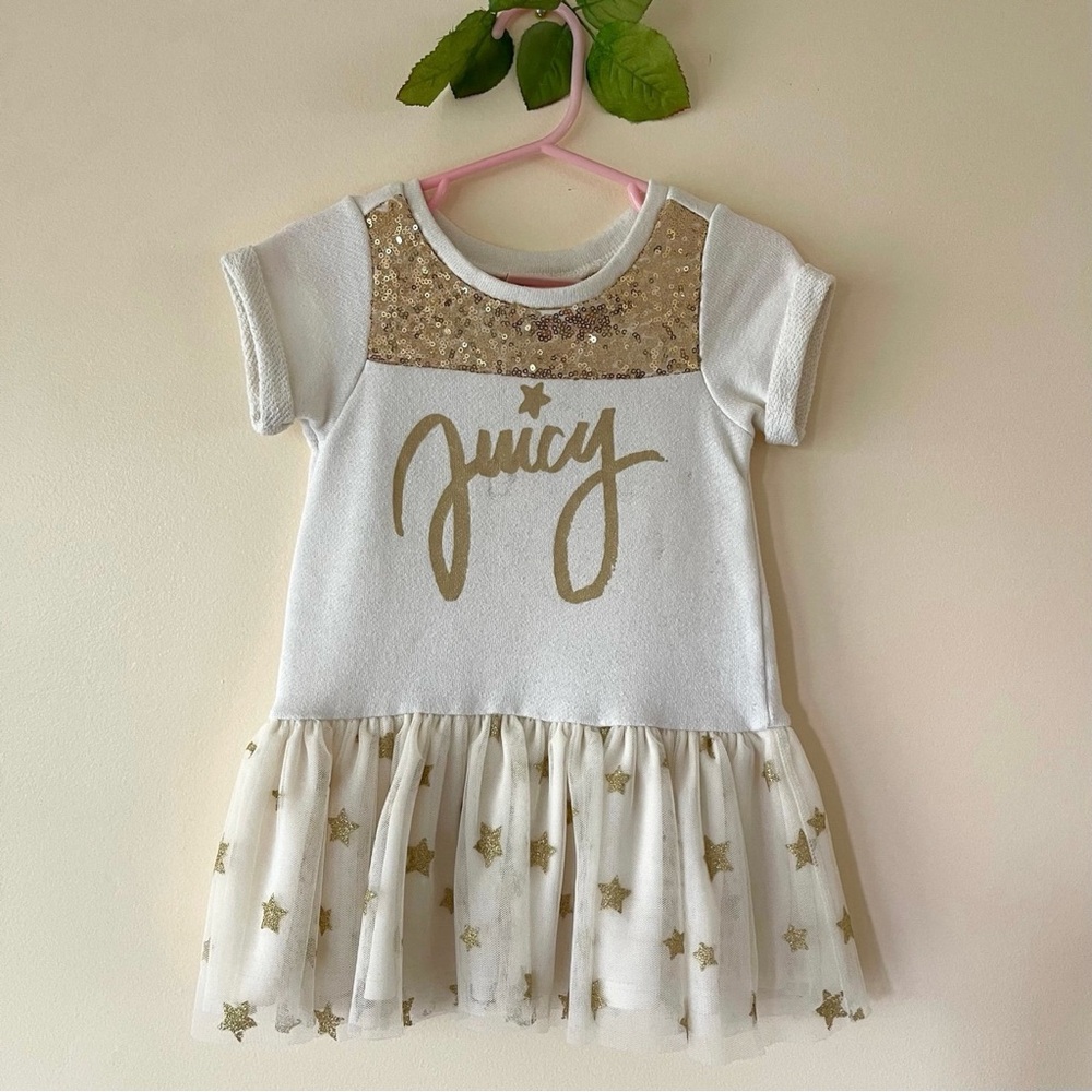 JUICY COUTURE Toddler Girls Cream and Gold Star Tulle Tunic Dress, Size 2T